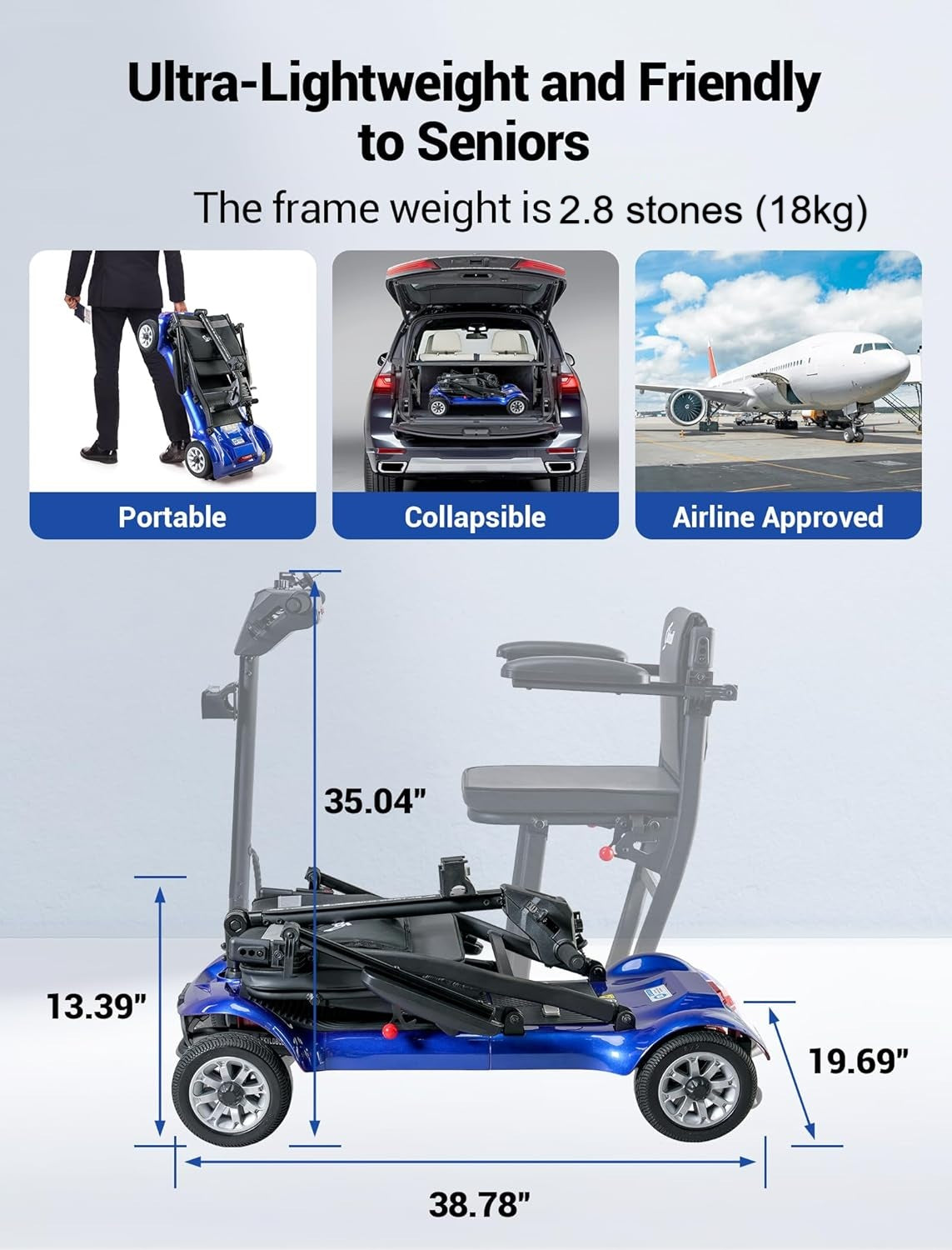 Mobility Scooter 18 Kg Lightweight Folding 12Ah Detachable Li-ion Battery
