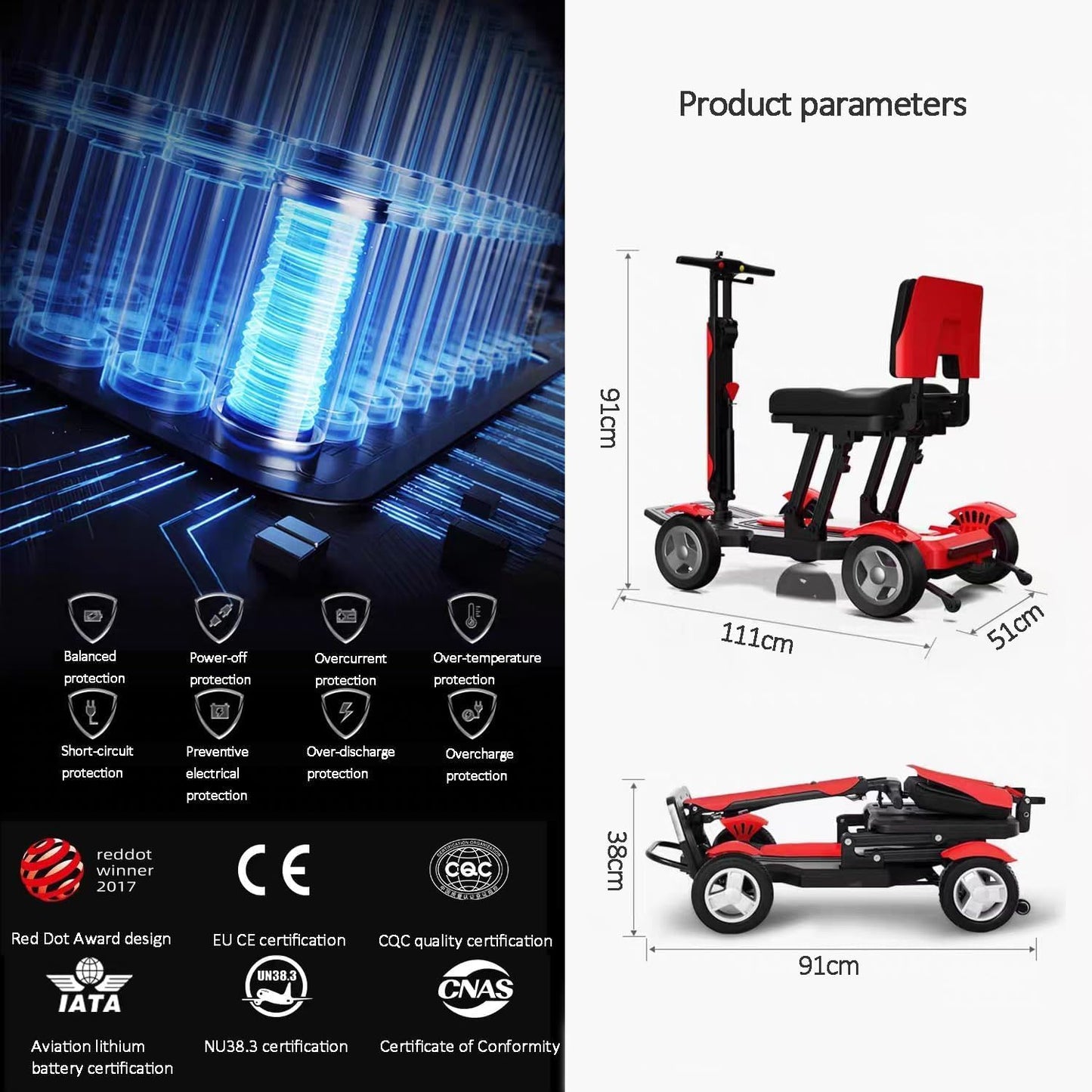 4 Wheel Folding Mobility Scooter, Only 24kg, 250W, SAi Intelligent