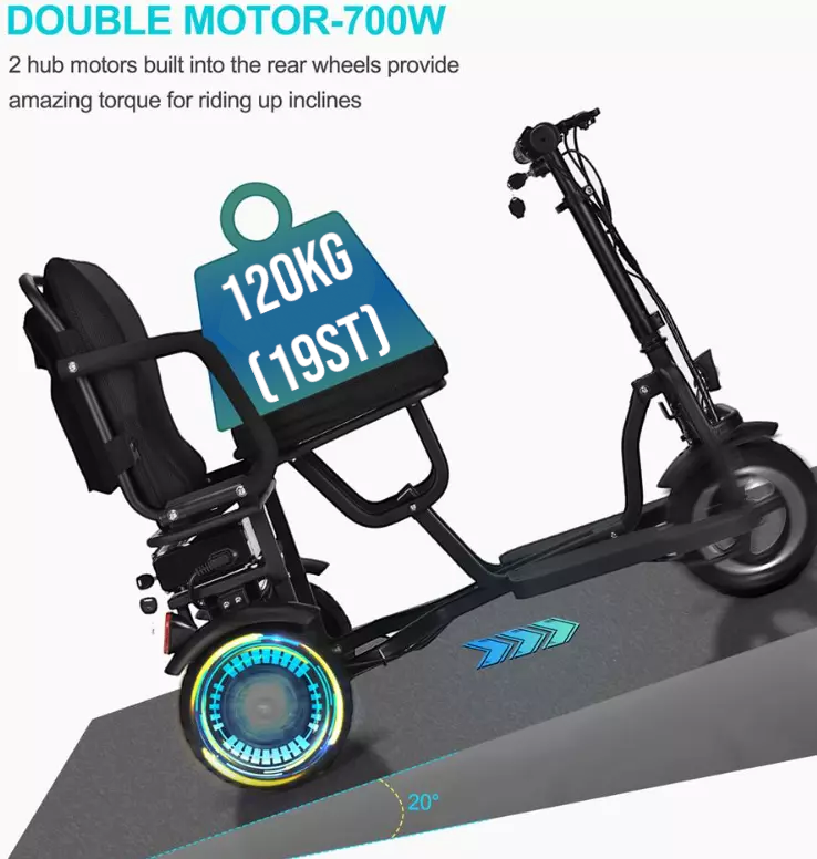 SCOTE-48350 Folding Mobility Scooter 3 Wheel Li-ion Dual Motor 700W, 20 Miles Range