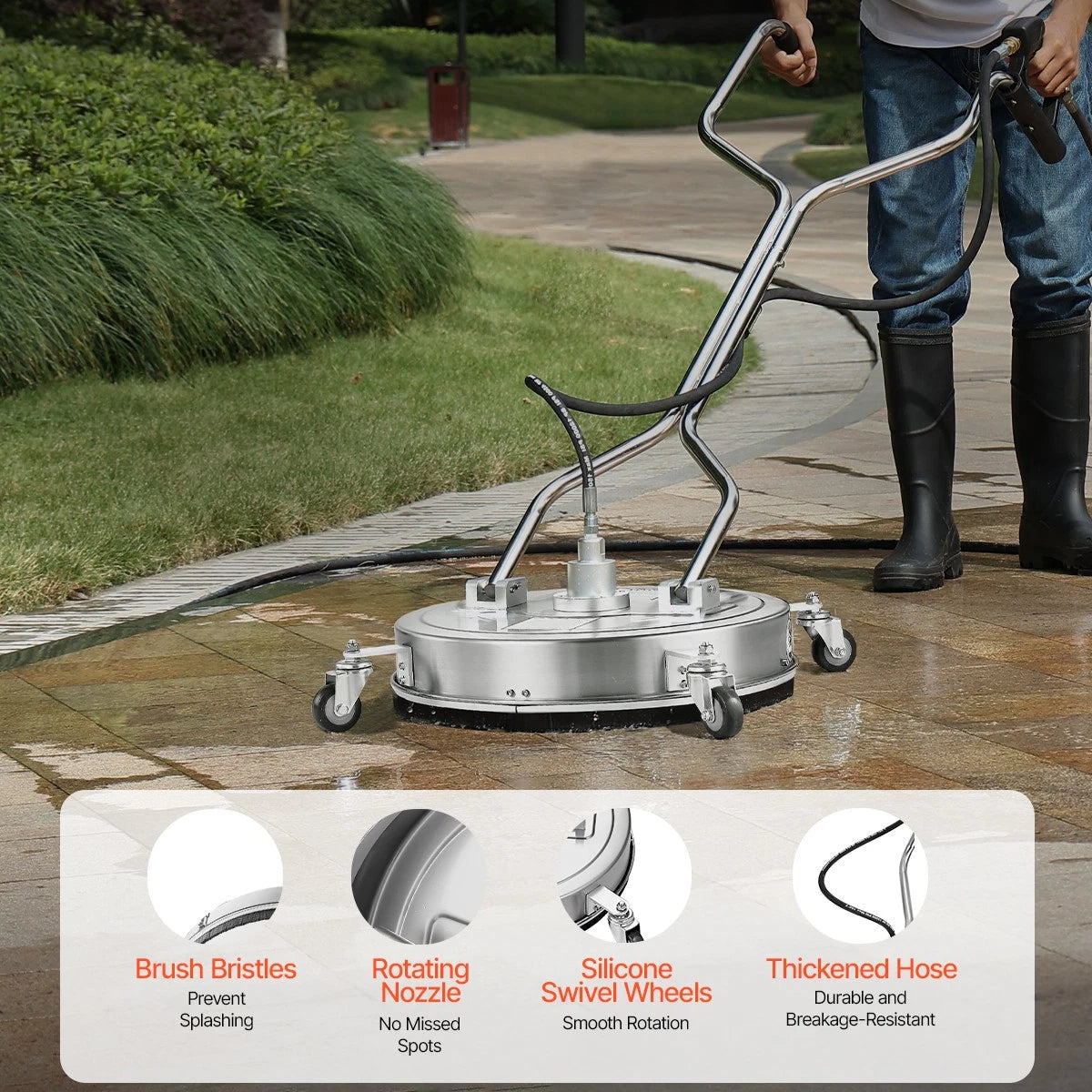 20" Pressure Washer Patio Driveway Cleaner 4 Wheels Dual Handle 4500 Max PSI