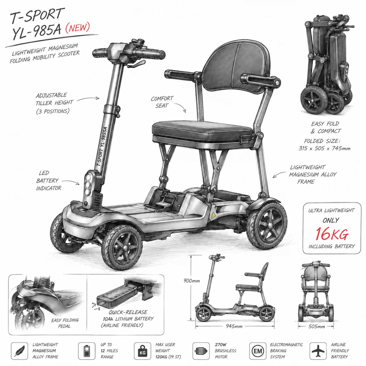 YL-985A Folding Mobility Scooter, Lightweight, 12 Mile Range