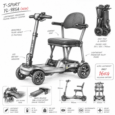 YL-985A Folding Mobility Scooter, Lightweight, 12 Mile Range