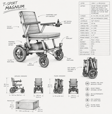 MAGNUM Lightweight Magnesium Folding Electric Wheelchair Powerchair 13 KG, Airline Friendly, Removable Battery