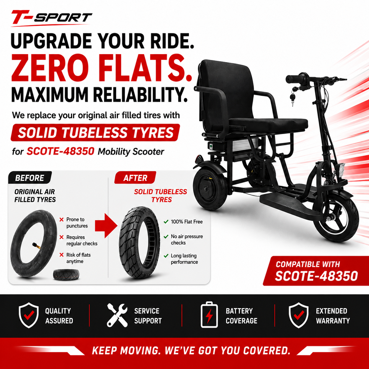 SCOTE-48350 Mobility Scooter Solid Tyre Conversion Service – Flat Free Upgrade