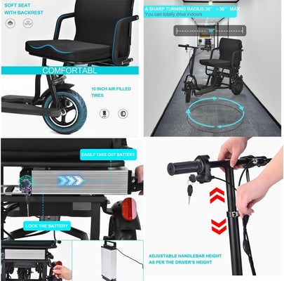 Folding Mobility Scooter 3 Wheel Li-ion 15Ah Dual Motor 700W