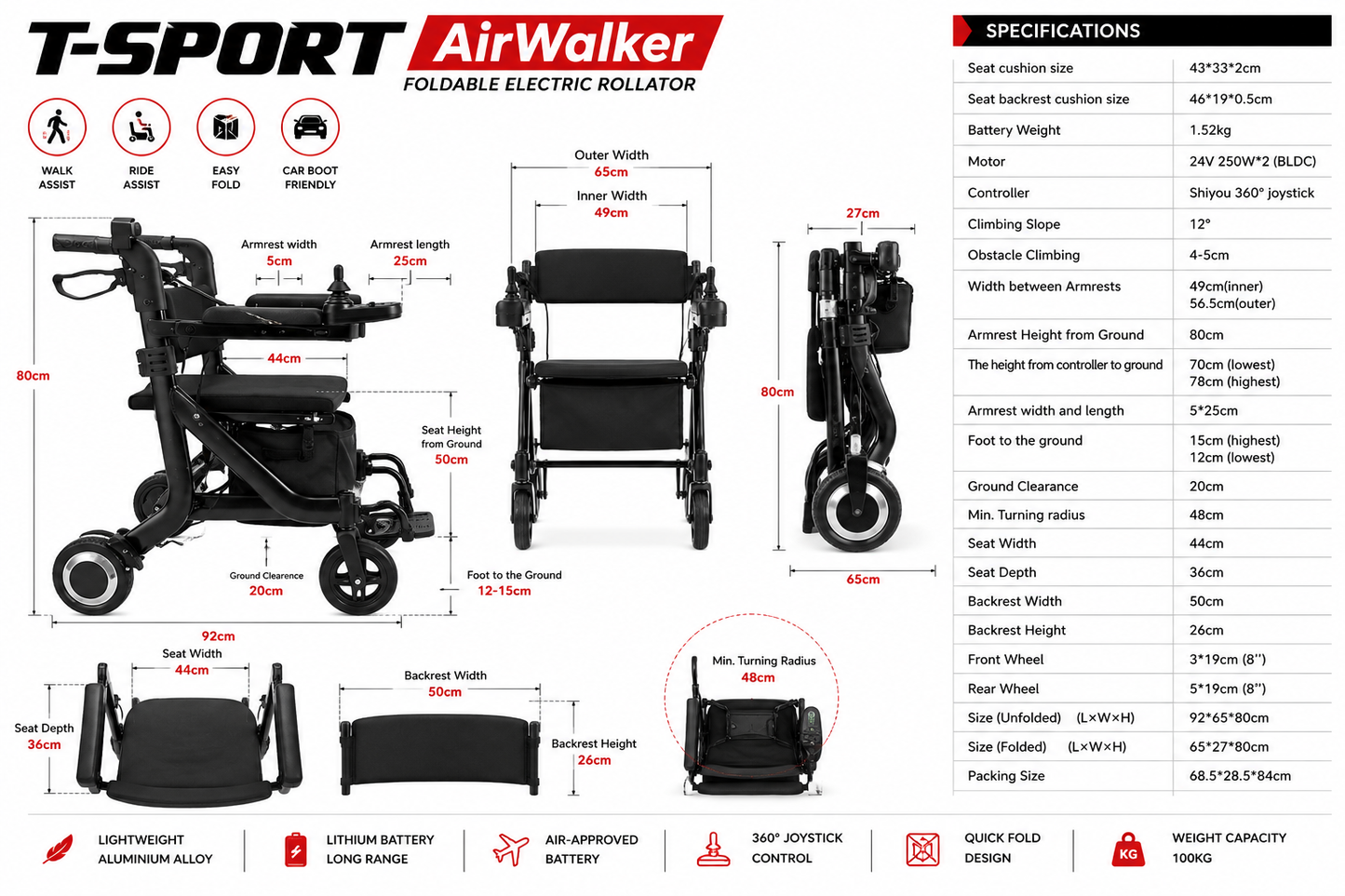 AirWalker Foldable Electric Rollator Powerchair, 500W, Removable Battery