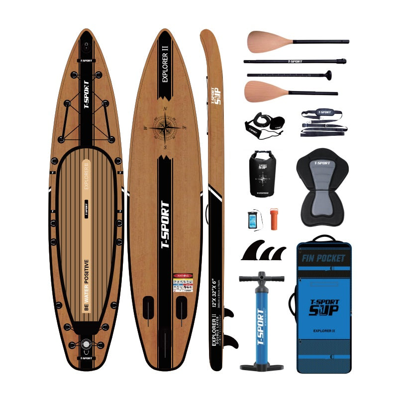 Paddle Board Explorer II SUP with Kayak Conversion Kit 12′ Wooden Style