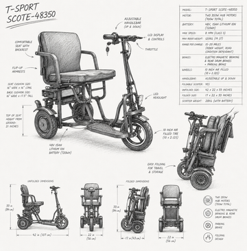 SCOTE-48350 Folding Mobility Scooter 3 Wheel Li-ion Dual Motor