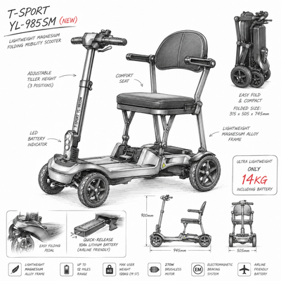 YL-985SM Folding Mobility Scooter, Lightweight, 12 Mile Range, 14KG