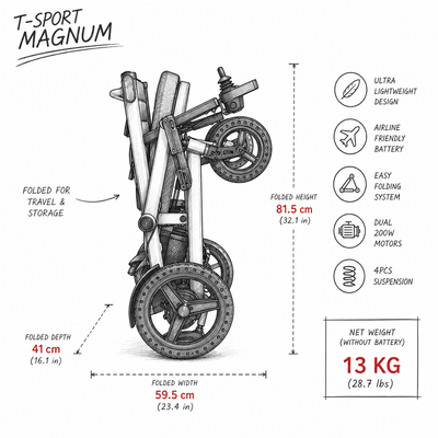 MAGNUM Lightweight Magnesium Folding Electric Wheelchair Powerchair 13 KG, Airline Friendly, Removable Battery