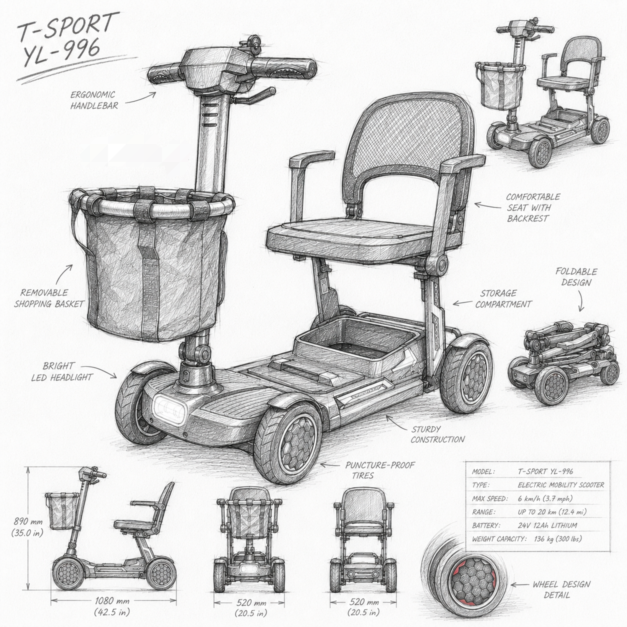 YL-996 Folding Mobility Scooter  Lightweight 19kg 2026 Model